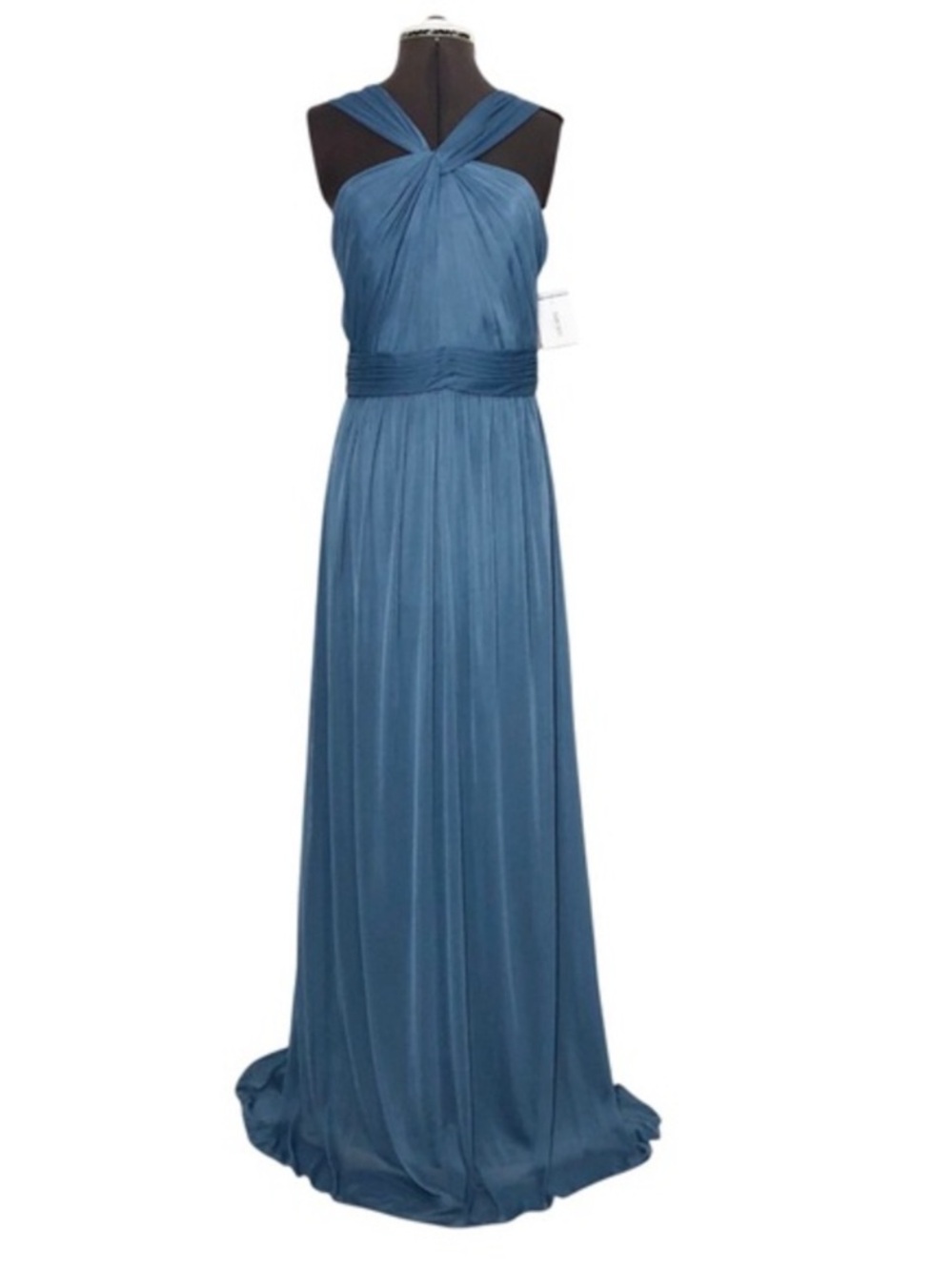 DAVID’S Bridal Steel Blue Mesh Y Neck Back Zipper Lined Long Bridesmaid Dress 10